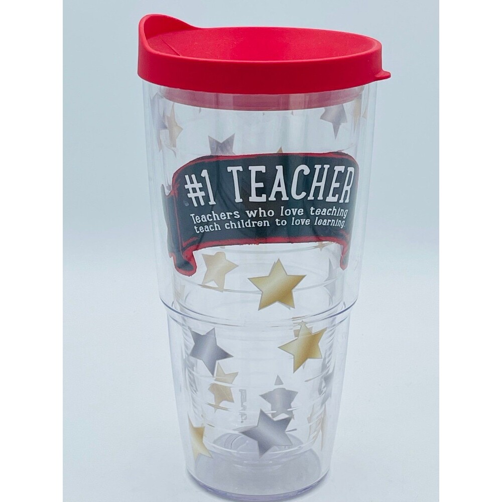 TERVIS Insulated Tumbler #1 Teacher Gold Silver Stars w/ Red Lid 24 oz. USA